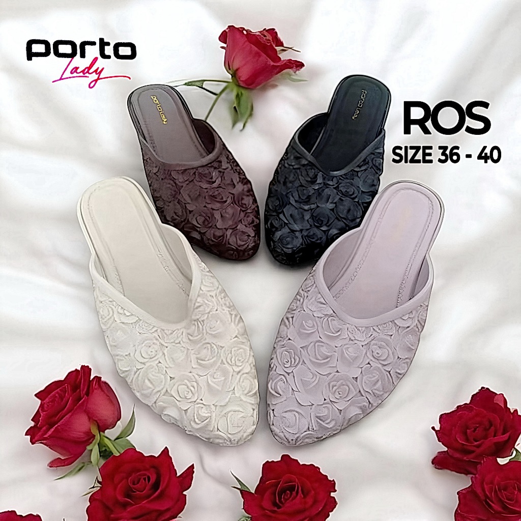Sepatu Selop PORTO LADY Wanita/Remaja ROS Motif Rose/Mawar, Sandal Karet Cewek Anggun