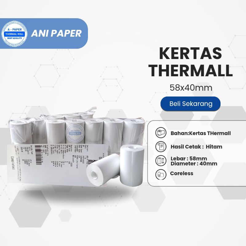 

kertas thermal kasir EDC 58mm x 40mm paket 1kg isi 20roll edc coreles