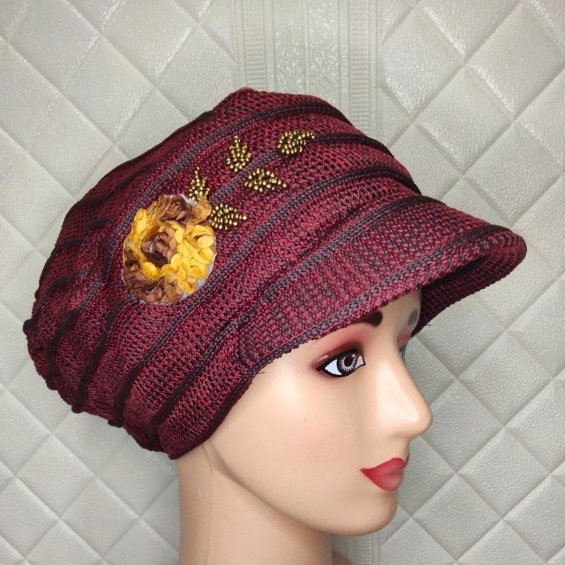 Turban Ciput Rajut Bunga Besar Pakai pet/Topi
