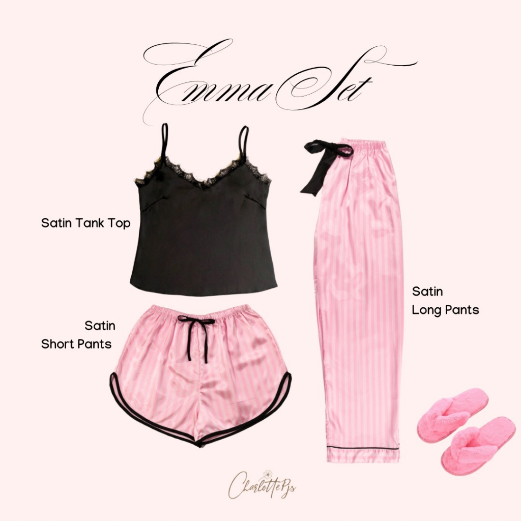 RB1 CHARLOTTE - Emma set Piyama Baju tidur Tanktop Lingerie Celana Panjang Pendek Satin Silk Salur