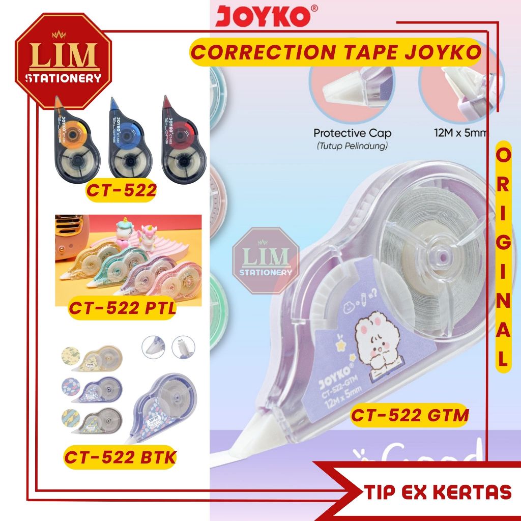 

JOYKO TIP EX KERTAS / TIP EX ROLL CT-522 LENGKAP (12PCS) CORRECTION TAPE
