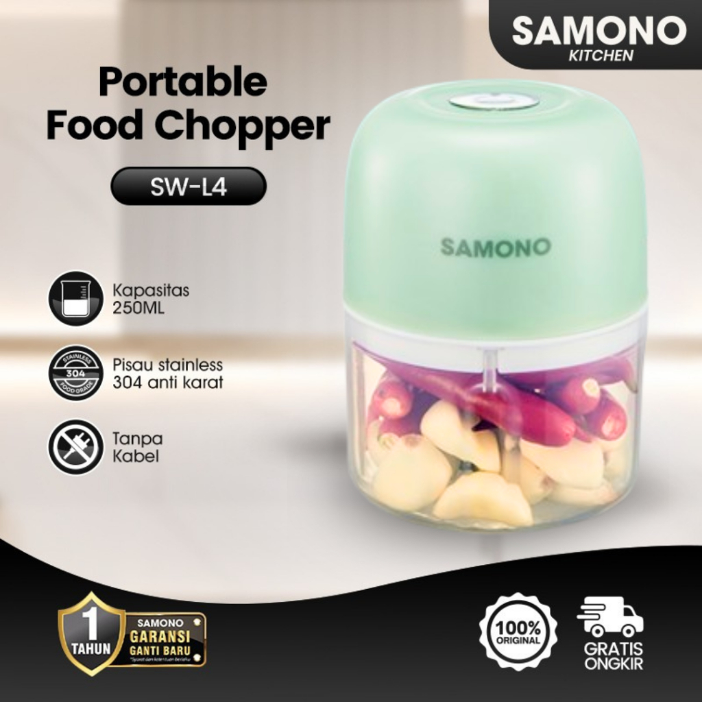 SAMONO Chopper Portable 250ml Charge 2 Pisau SW-L4 Chopper Penghalus Bumbu Cabai Bawang Chopper Bisa