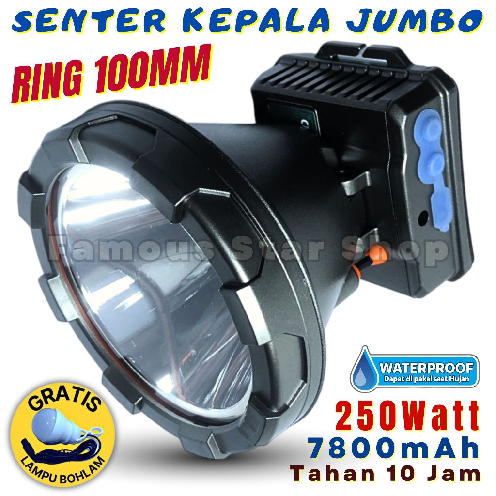 Senter Kepala Ori KISEKI 250W Cahaya Putih Super Terang Tahan 10Jam Mode Terang BONUS LAMPU BOHLAM