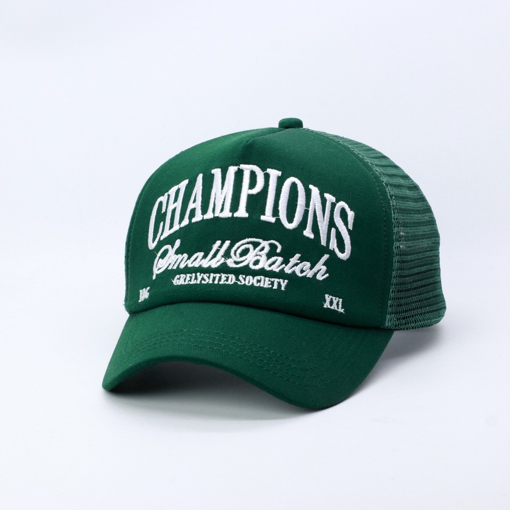 TOPI JARING TRUCKER HAT BAHAN TWILL LIDAH PENDEK HIJAU BOTOL GRELYSITED CHAMPIONS