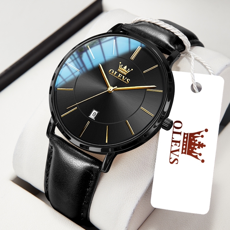 OLEVS Jam Tangan Pria Tipis Anti Air Original 100% Asli Kulit Mewah Arloji Pria Tahan Waterproof