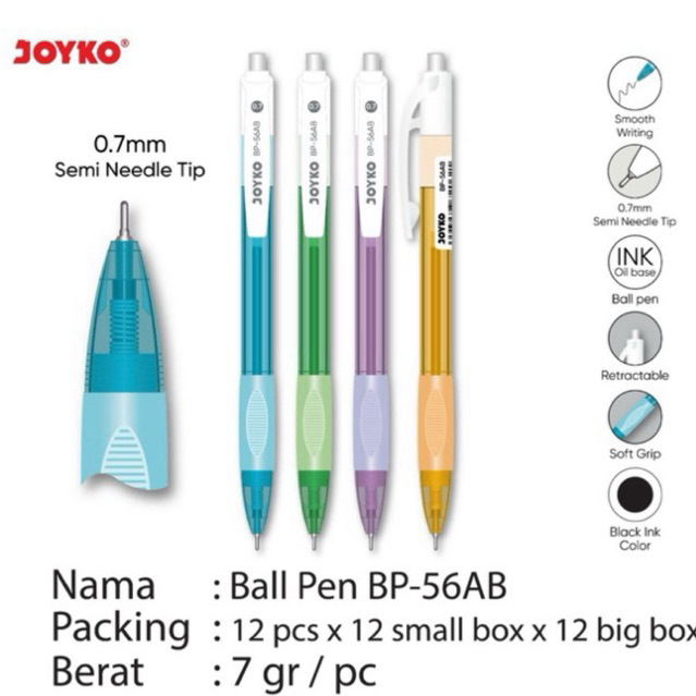 

( 1 pcs ) BP-56AB Pulpen Retractable Soft Grip Warna Pastel Joyko 0.7 mm / BP 56 AB Ballpen Cetrek Pegangan Lembut Tinta Hitam / BP56AB Bolpen Semi Needle Soft Grip 0.7mm