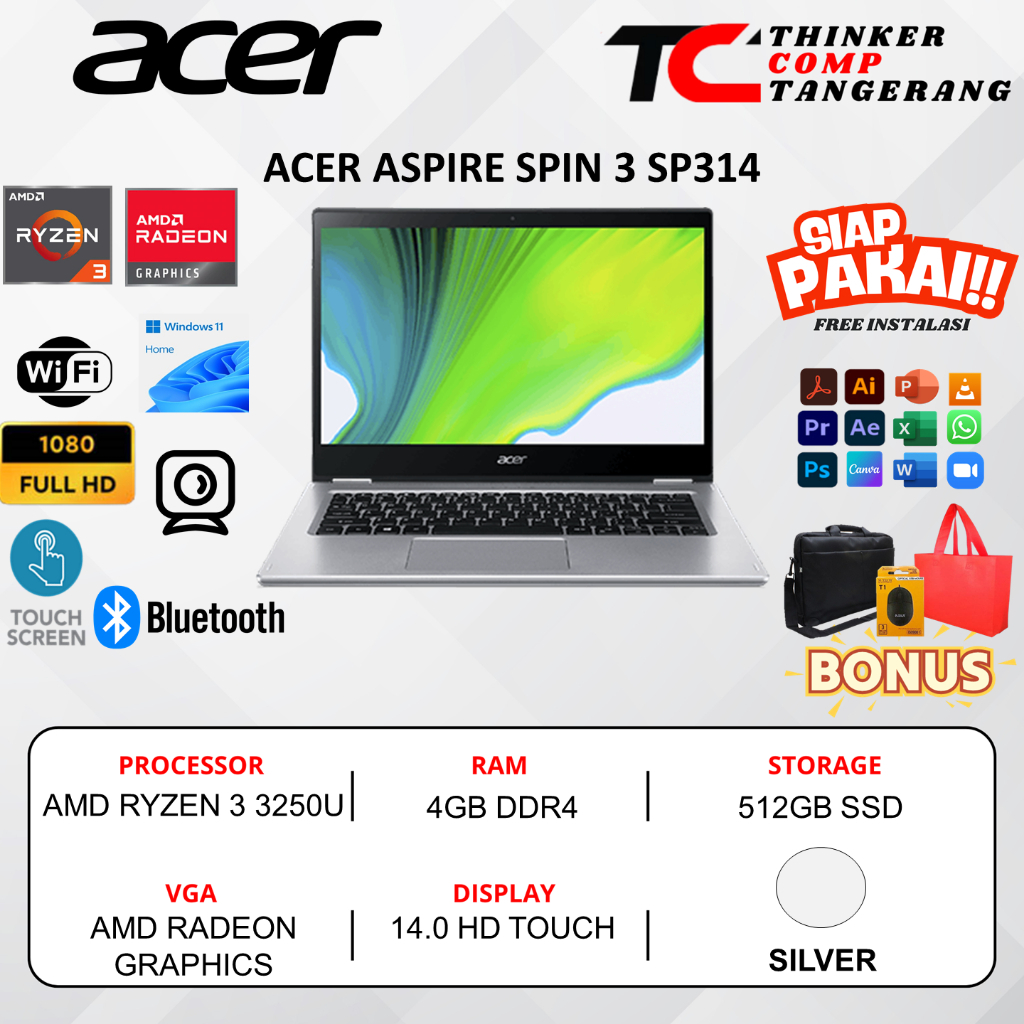 Laptop 2in1 ACER Spin 3 SP314 AMD Ryzen 3 3250U RAM 4GB 512GB SSD 14.0 HD Touchscreen