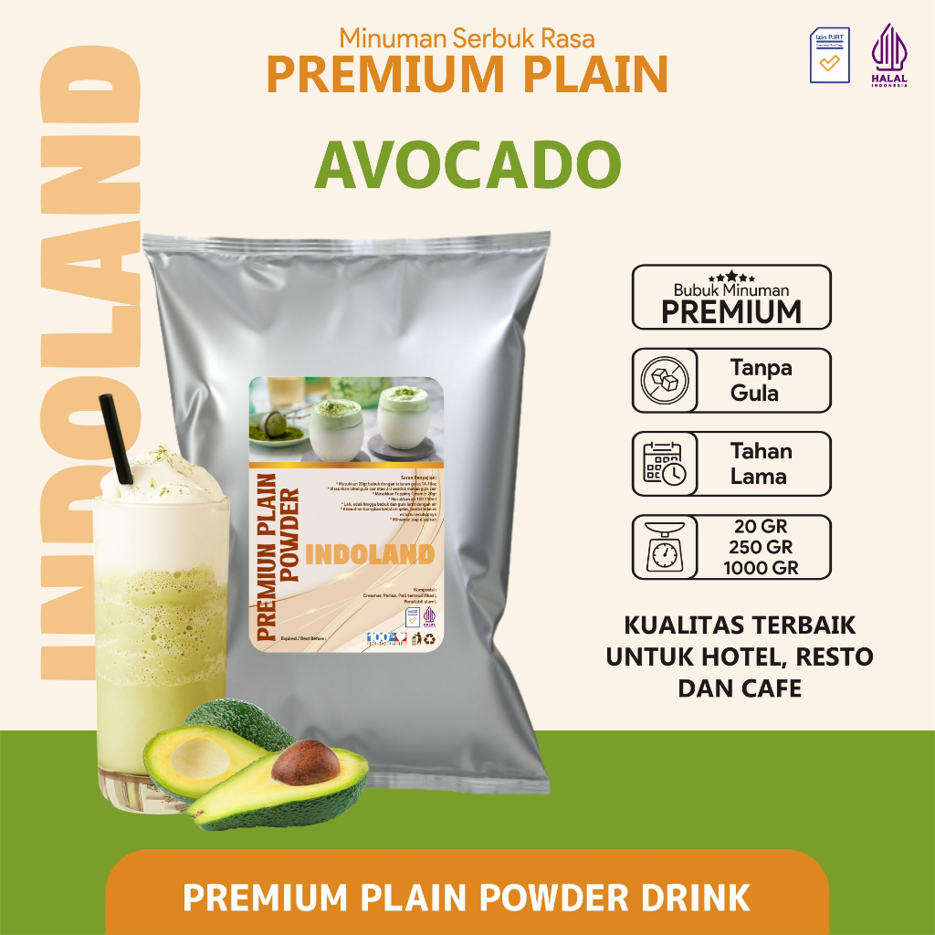 

Bubuk Minuman Plain Premium Tanpa Gula Rasa Alpukat Plain Powder Drink No Sugar Avocado Indoland 250 gram / 1 kg