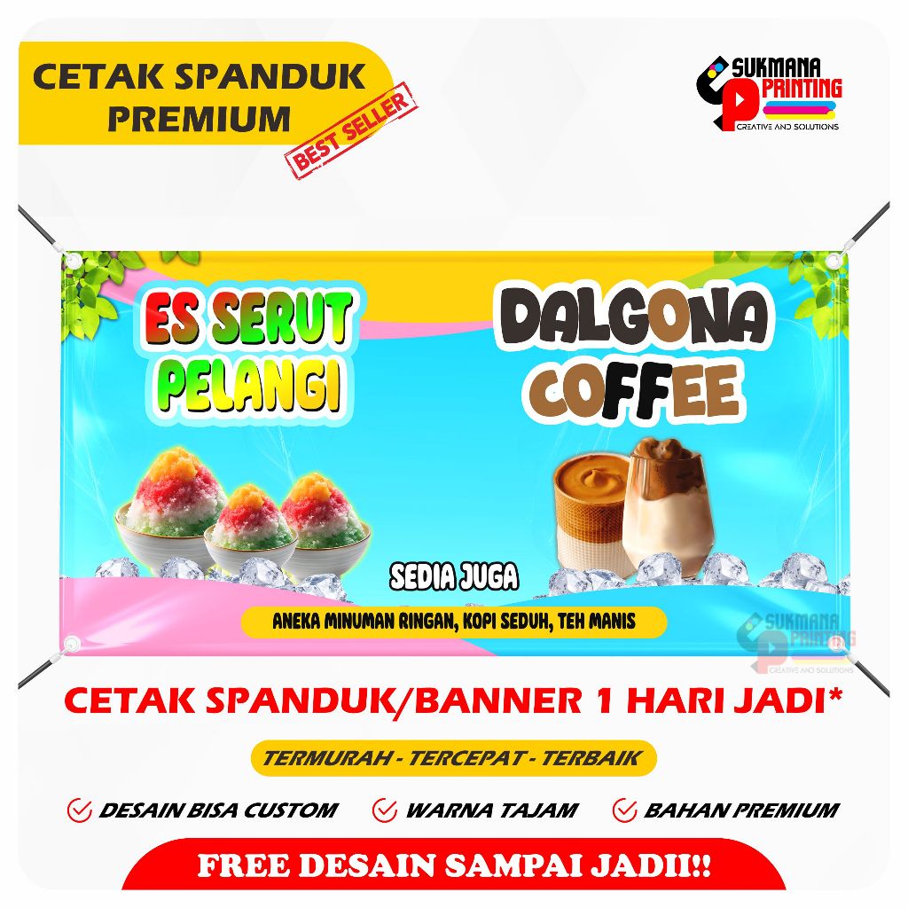 CETAK SPANDUK BANNER PREMIUM ANEKA ES DAN MINUMAN SEGAR - JUALAN MINUMAN ES SERUT JUGA DALGONA COFFE