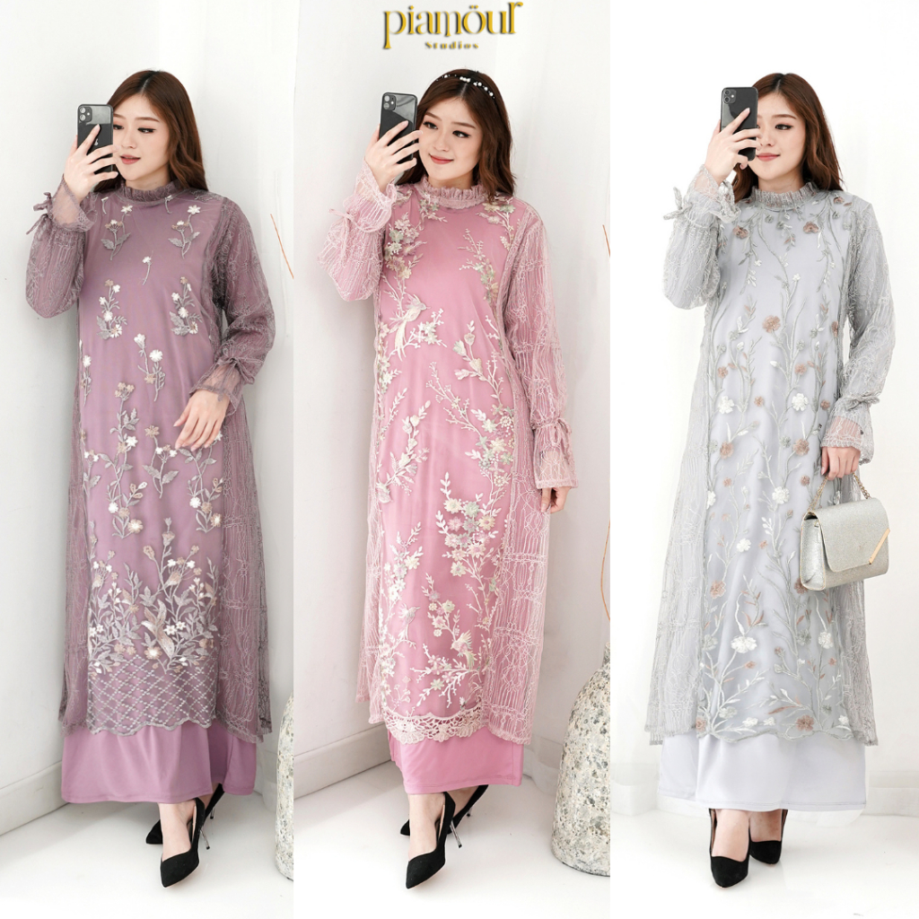 PIAMOUR Dress Gamis Brukat Baju Lebaran 2025 Kondangan Gamis Brokat Tile Gardenia Bordir Wanita Rema