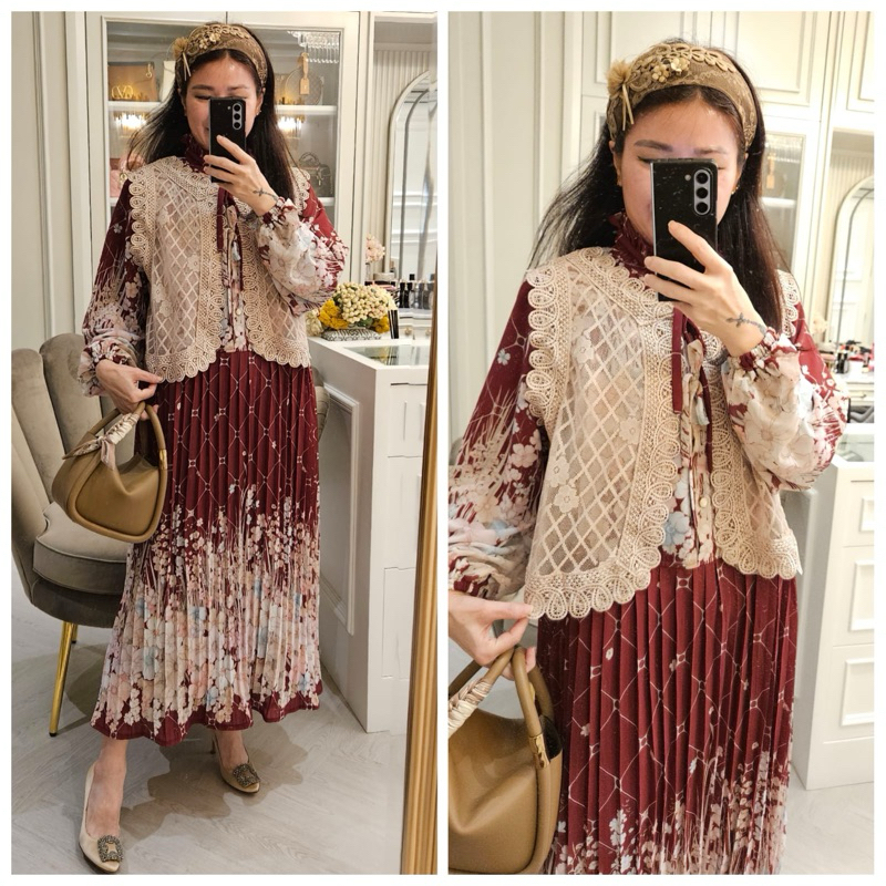 Midi Dress Burgundy mix renda by Meijiwang