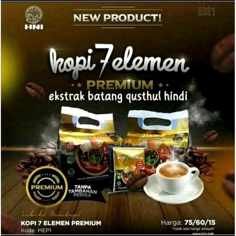 

KOPI 7 ELEMENT PREMIUM HNI HPAI isi 10sachet Kopi Herbal Sevel Premium Sehat Nikmat Banyak Manfaat