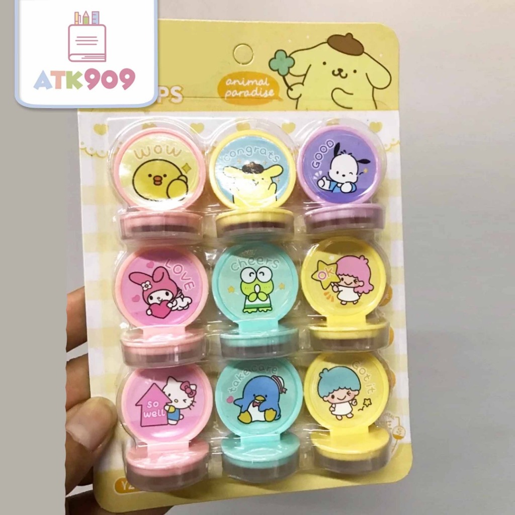 

ATK909 Stempel Cap Nine T-Shaped Stamp Set Anak Karakter SANRIO Isi 9pcs Stempel Anak Lucu Stationery Stempel Omoticon Safe INK