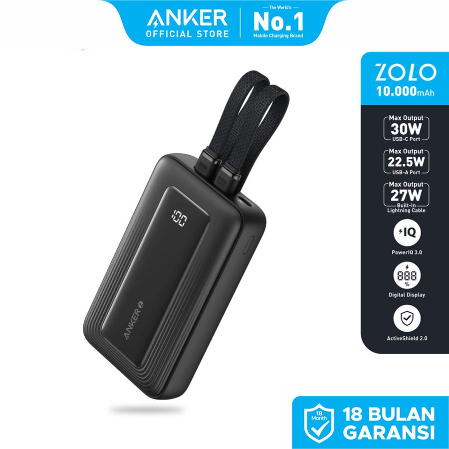 Anker Zolo Power Bank 10.000mAh 30W Max Fast Portable Charger with Built-in USB-C and MFi Certified 