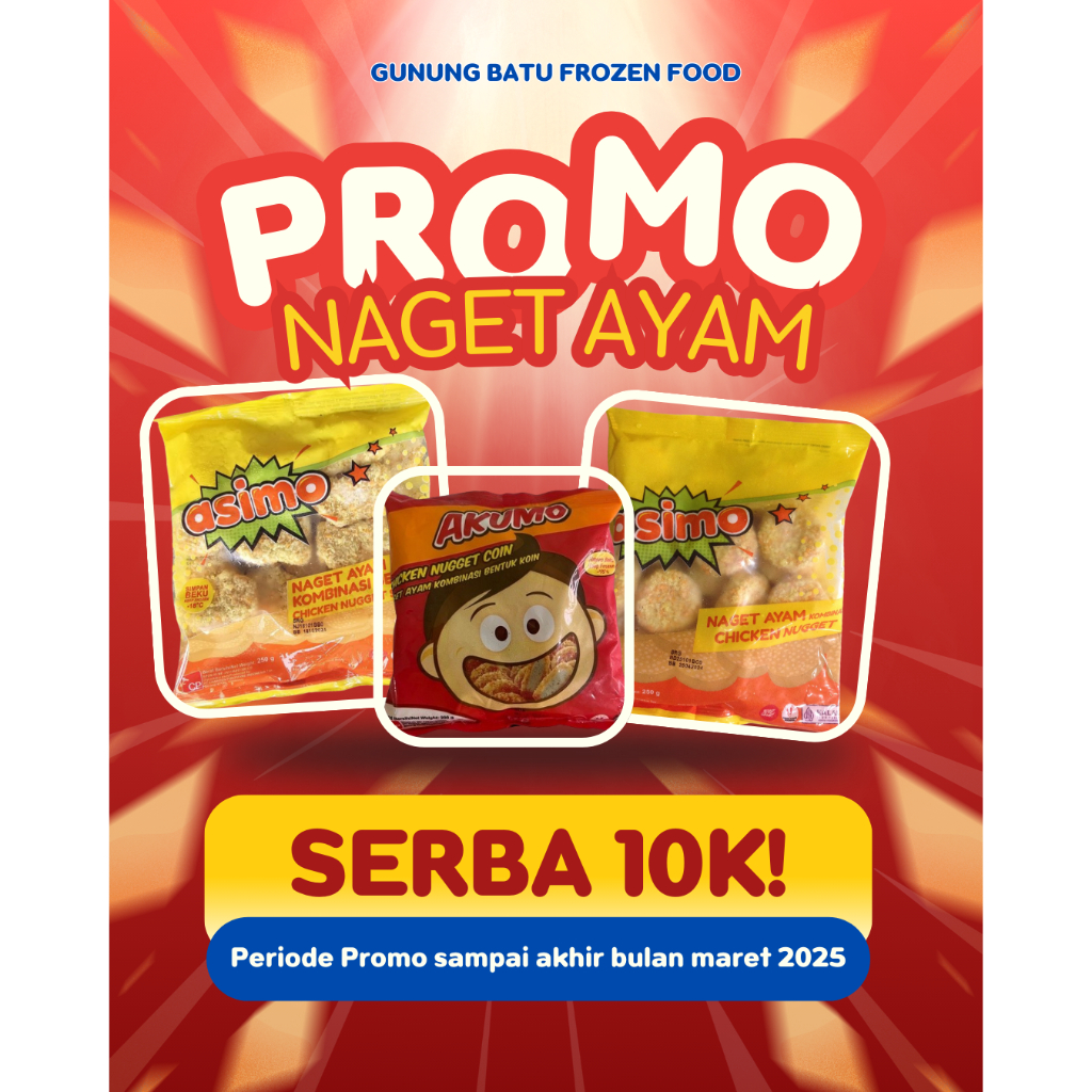 

NUGGET AYAM SERBA 10RB (10.000) ASIMO CHICKEN NUGGET 250GR DAN AKUMO NUGGET 200GR (NAGET)