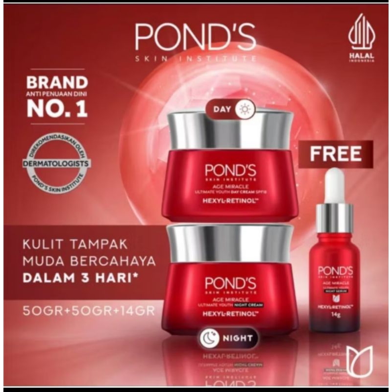 PAKET PONDS AGE MIRACLE, DAY CREAM 50GR+NIGHT CREAM 50GR+FREE SERUM NIGHT 14G