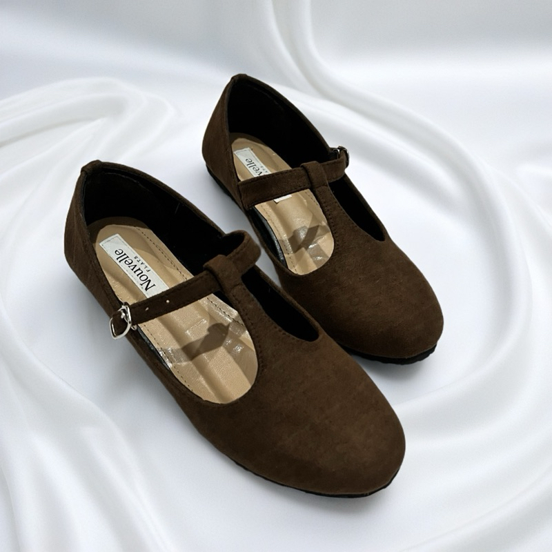 kinjana09 - nouvelle mary jane suede flat shoes wanita coklat casual kekinian