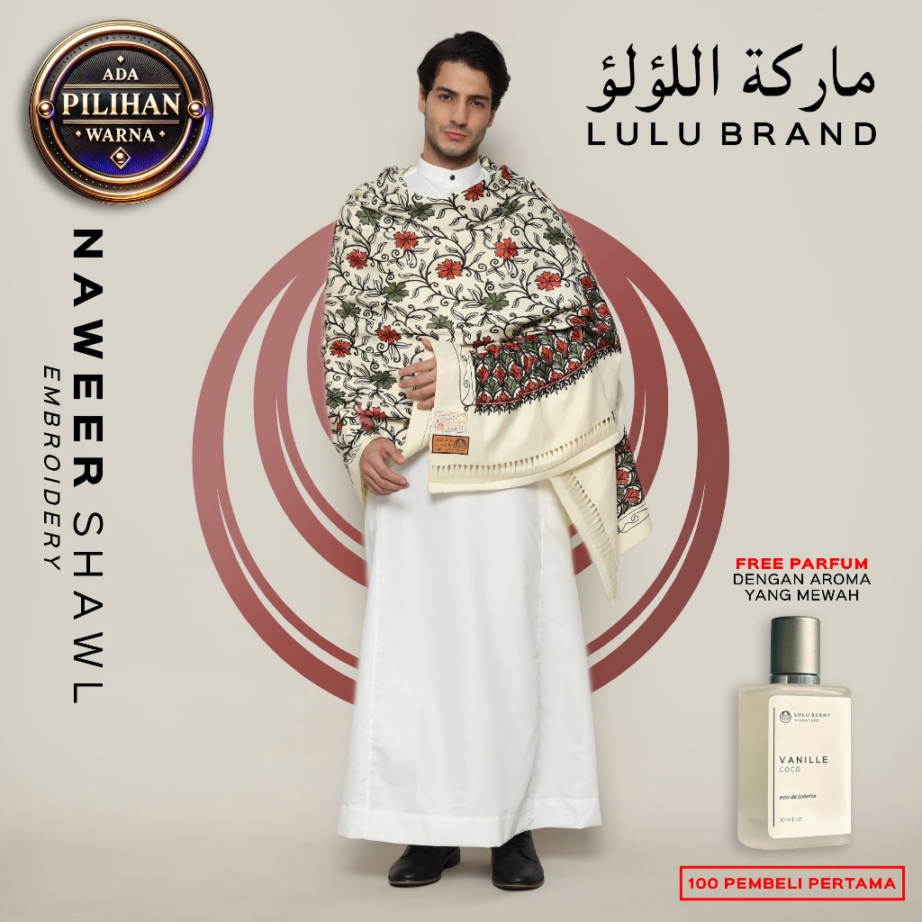 Sorban Kashmiri LULU BRAND Rida Motif Sulam Bordir Arab Pria 438 Naweer Embroidery Shawl