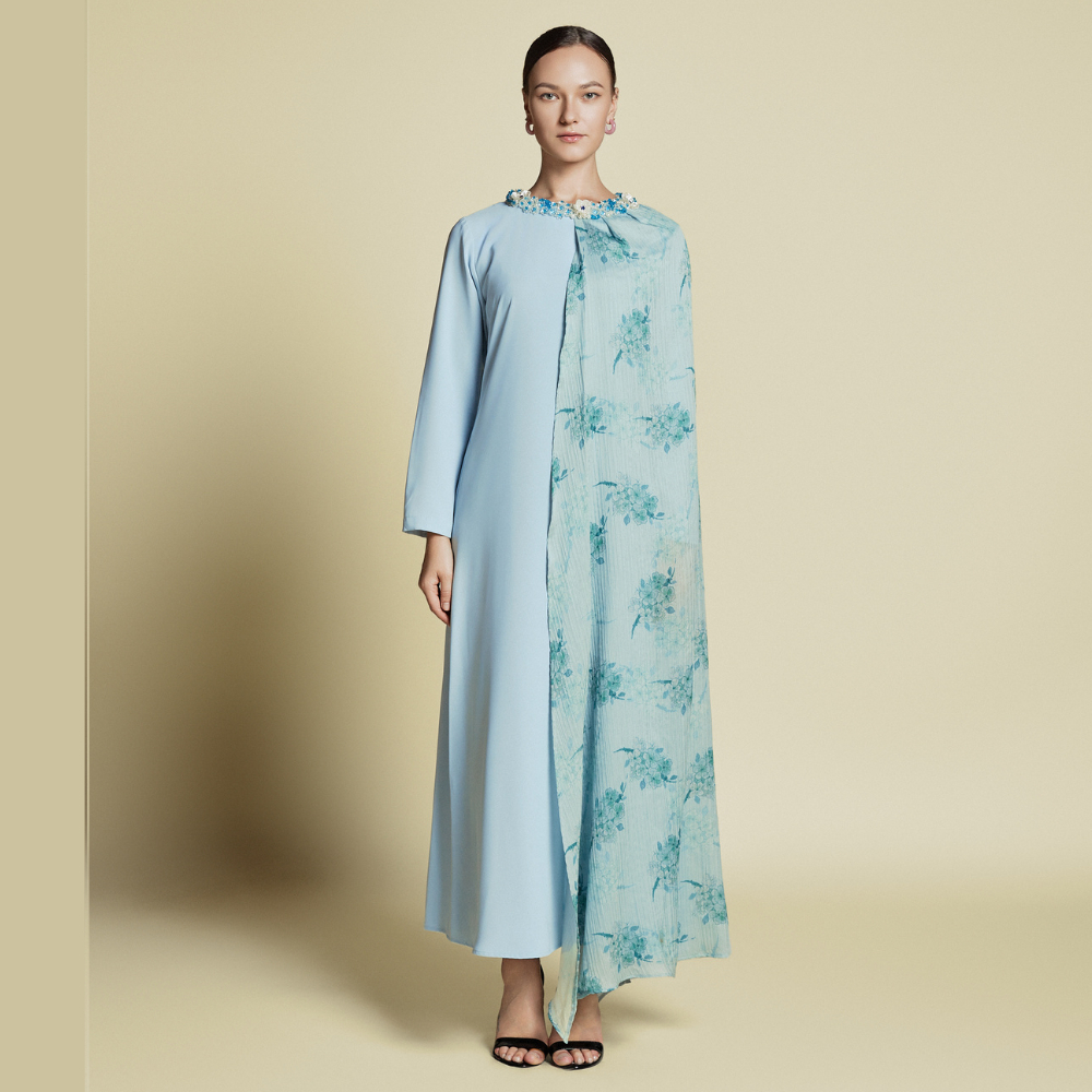 Kaftan Wanita Dress Muslim Premium Asymmetrical Cape Kaftan Silk Pastel Green