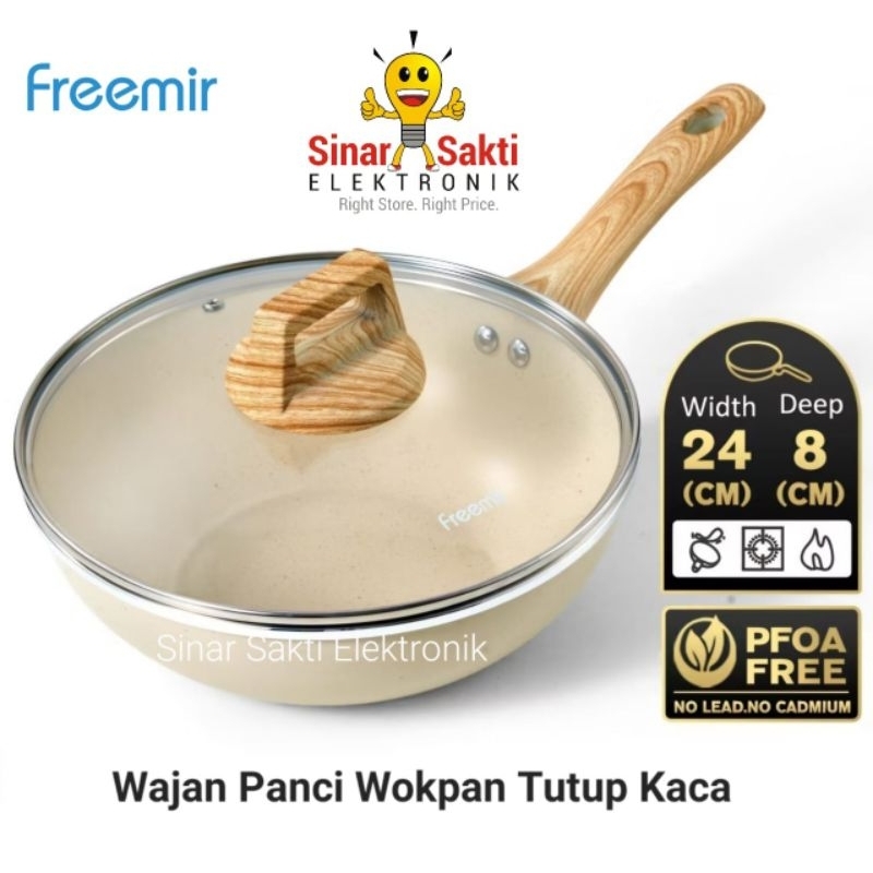 Freemir Wajan Panci Wokpan Penggorengan Teflon Frying Pan Anti Lengket Beige 24cm 24 cm dengan Tutup