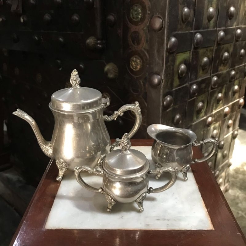 Set Teko Teh Eropa Lapis Perak Lawas Jadul Tua