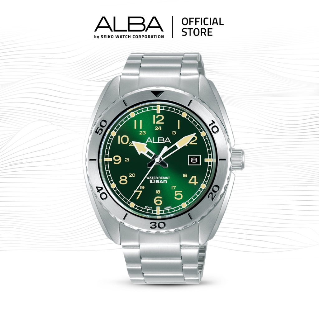 Alba Active Jam Tangan Pria Sport AS9U71 / AS9U71X1 Quartz Green Dial Stainless Steel Strap Watch