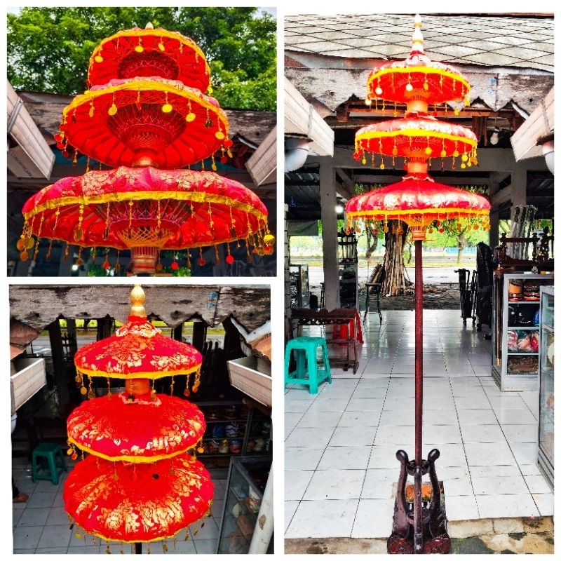 PAYUNG DEKORASI SUSUN 3 MOTIF KEMBANG/payung dekorasi susun tiga merah moyif kembakg/payung manten