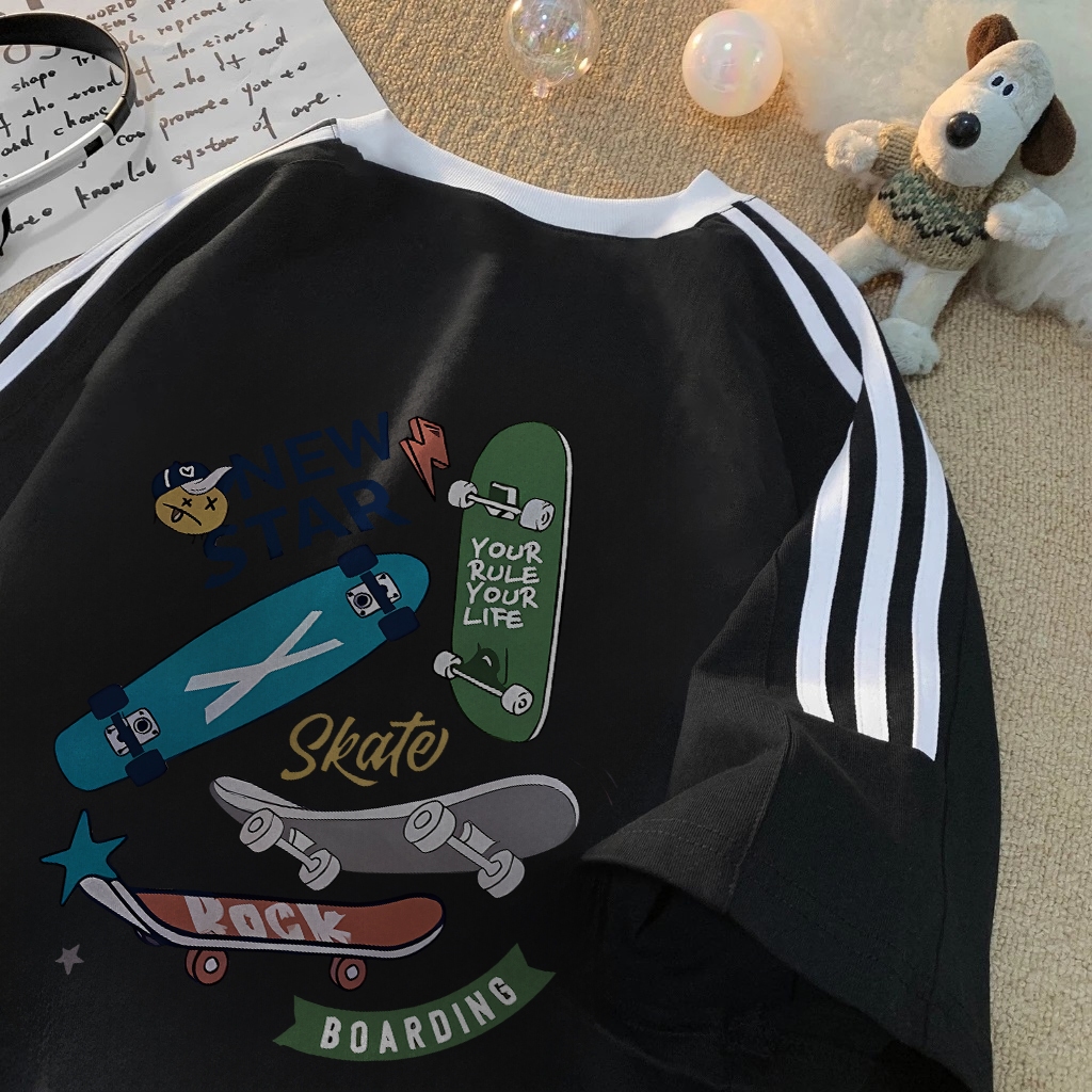 [✅COD]Fastfash Kaos Pakaian Pria Dan Wanita Oversize Lengan Pendek Tiga Garis Kaos Motif Skateboard 