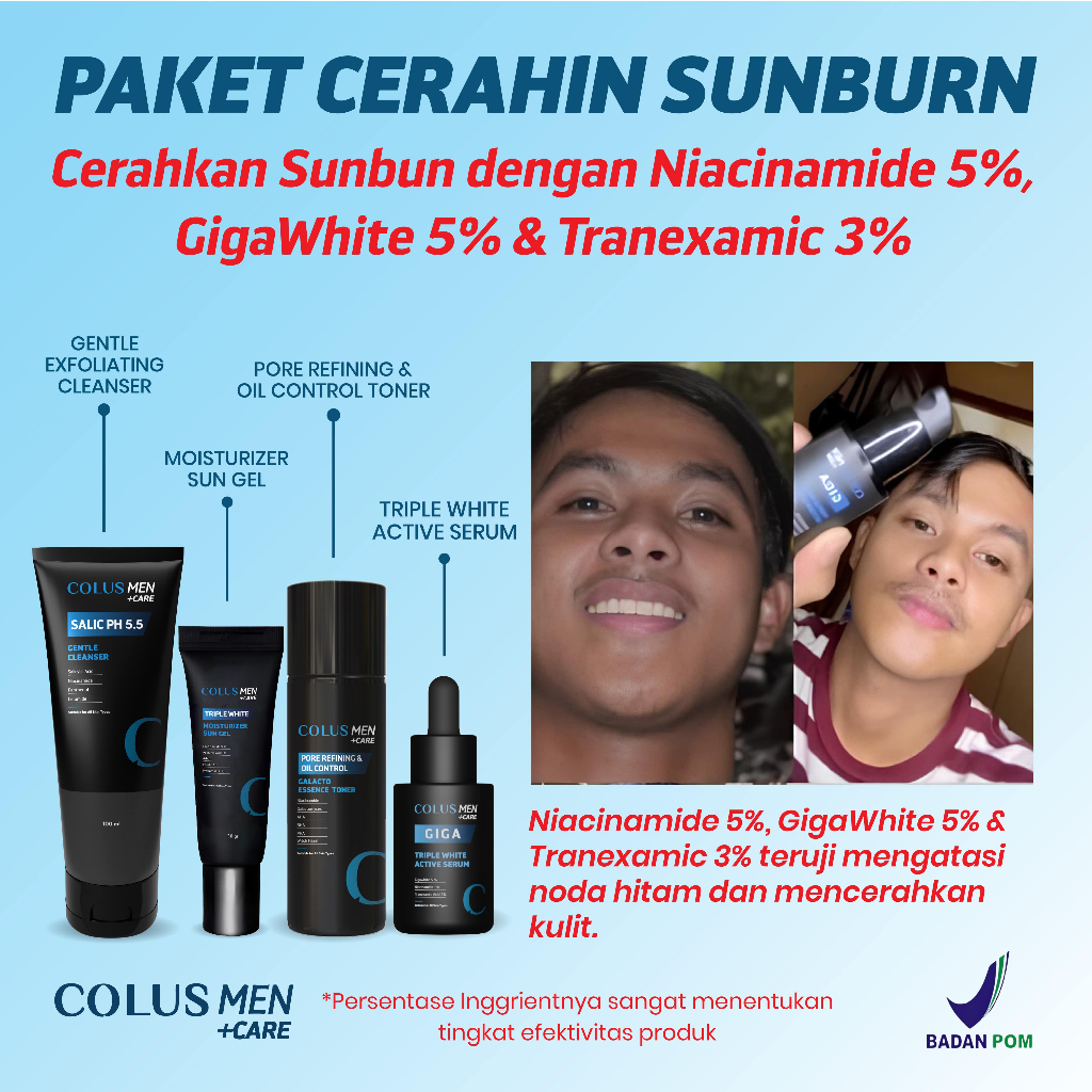 COLUS MEN Paket Skincare CERAHIN SUN BURN | Skincare Pria | Sunscreen Wajah | Mencerahkan Wajah |