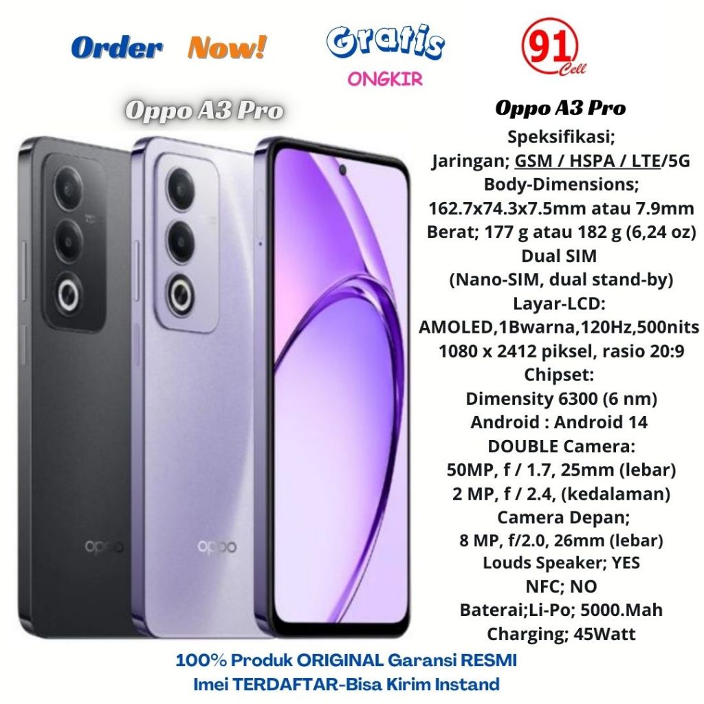 Oppo A3 Pro 5g/A3 NFC Ram8/128/ Ram8/256Gb Original Garansi resmi