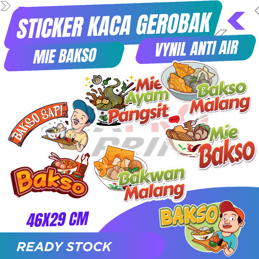 

STIKER KACA GEROBAK / ETALASE MIE BAKSO | MIE AYAM BAKSO | UKURAN 46X29 CM | STICKER VYNIL | BANYAK PILIHAN DESAIN