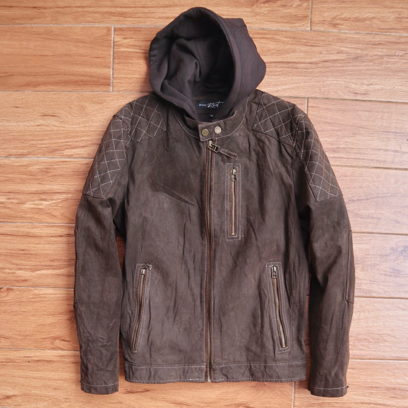BLACK RV Jaket kulit asli L coklat vintage suede biker rider jaket motor hoodie hudi hodie racing to