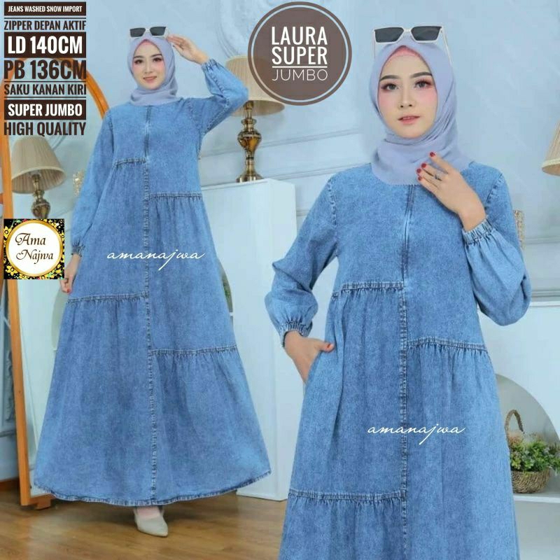 Laura Suju LD 140 Gamis Jeans JUMBO Maxy muslim cantik Dress longgar / Amj