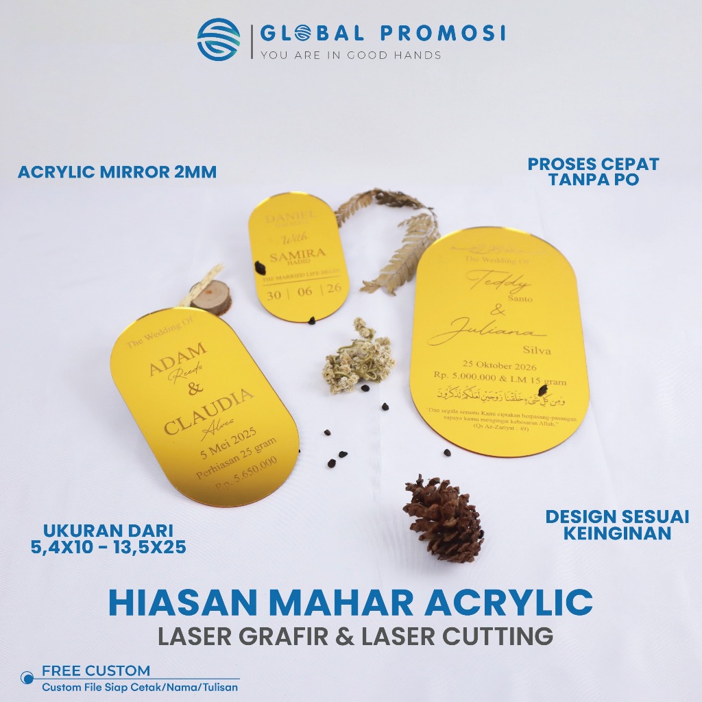 Custom Akrilik Hiasan Mahar Dekorasi Mahar Gold Isian Frame Akrilik Tetes Air Brush Oval Tulisan