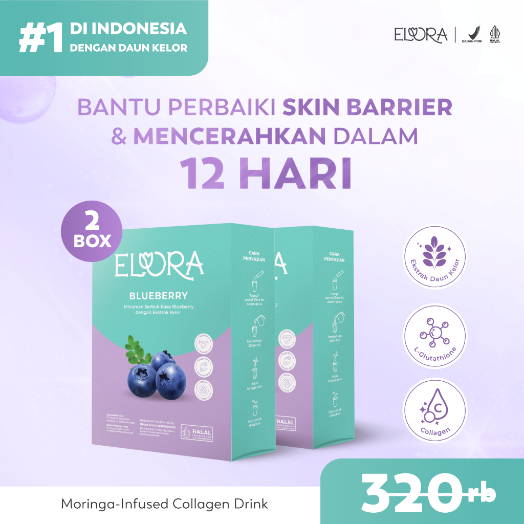 ELORA DAILYGLO Collagen Drink Blueberry - Paket Hemat 2 Box (24 Sachet) | Kulit Plumpy & Glowing | B