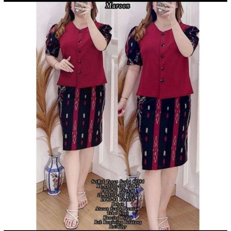 SET ROK WANITA TENUN SCUBA BAJU NATAL DAN SERAGAM