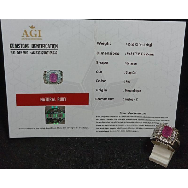 CINCIN PERMATA RUBY MADAGASCAR ORIGINAL + SERTIFIKAT MODEL KOTAK