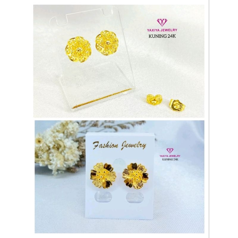 anting tusuk bunga mawar 2 lapis emas yaxiya