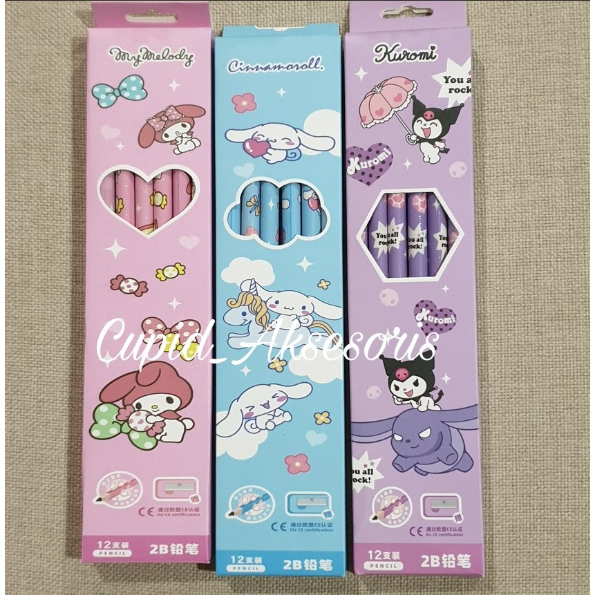 

(ISI 12 PCS) PENSIL KAYU 2B / PENCIL SANRIO KUROMI MELODY CINNAMONROLL POCHACCO + RAUTAN