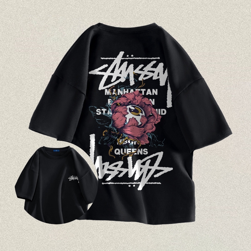 RENELLE Kaos T-shirt Pria Oversize | Kaos Bergambar Tulisan Mawar Putih | Kaos Pria Distro Original 
