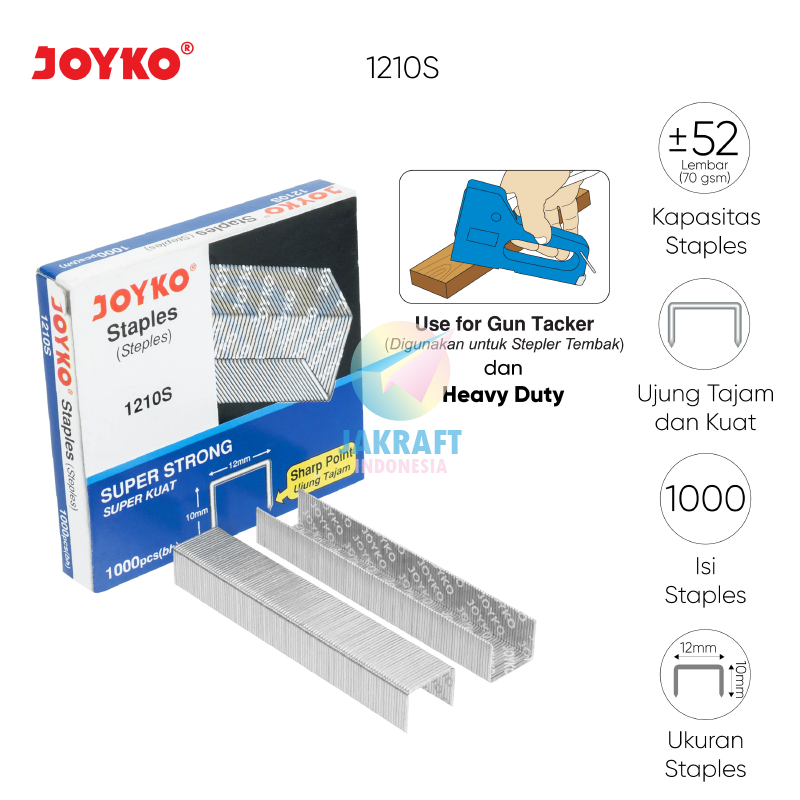 

(1000 Pcs) Staples JOYKO 1210S (12/10) 12x10 mm (3/8") Refill Isi Segala Merek Stapler Hekter Besar Heavy Duty Tembak Gun Tacker HD-12A/13, HD-12L/24, HD-12N/13, HD-12N/24, HS-6, HS-7, HS-11, HS-13, HS-12P/17, GT-702