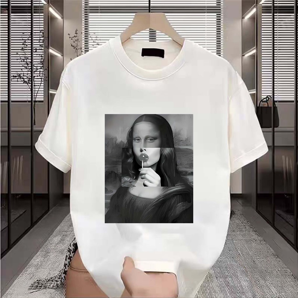 100% KATUN Kaos Monalisa Lollypop Tshirt Nyeleneh Kaos Monalisa Makan Permen Kaos Katun Wanita Pria