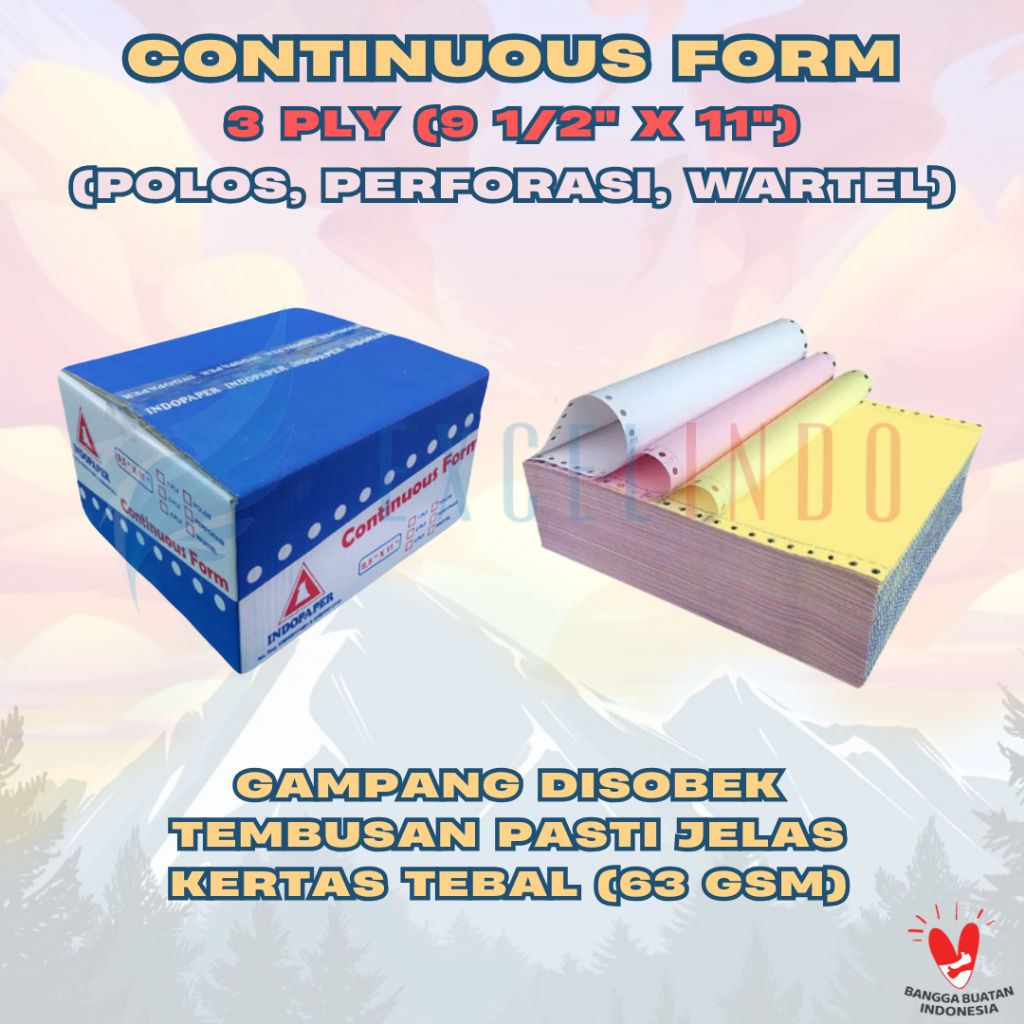 

Continuous Form 3 ply NCR Ekonomis UKURAN FULL/PERFORASI merk Indopaper