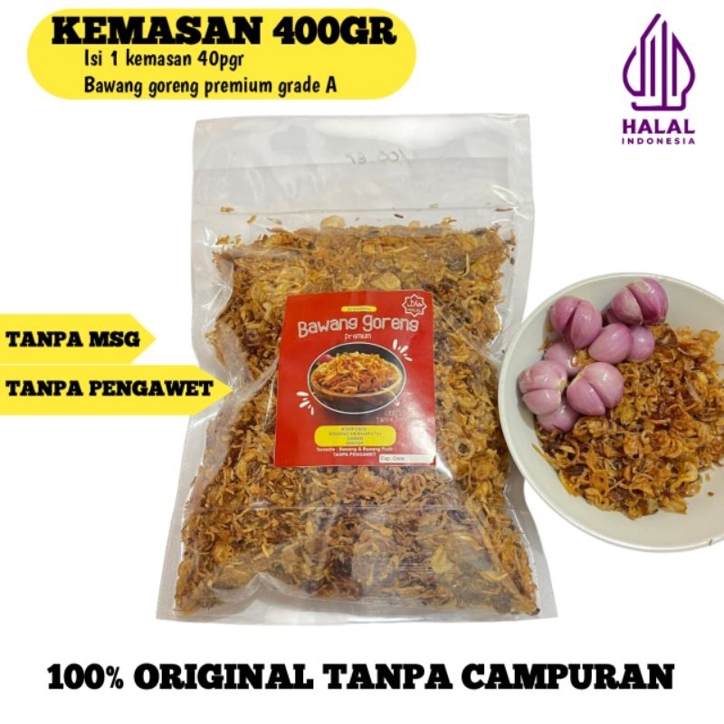 

Bawang goreng premium kemasan pouch 400gr. brambang goreng original tanpa campuran