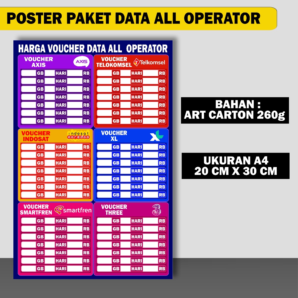 

POSTER PAKET DATA HARGA VOUCHER INTERNET ALL OPERATOR A4 20X30 CM