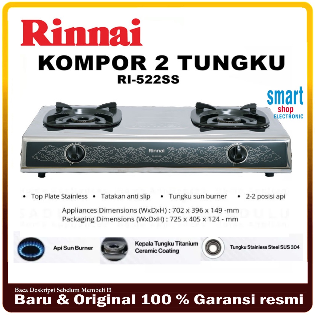 Kompor Gas Rinnai RI522SS - Kompor Rinnai 2 Tungku ri-522ss Stainless Steel