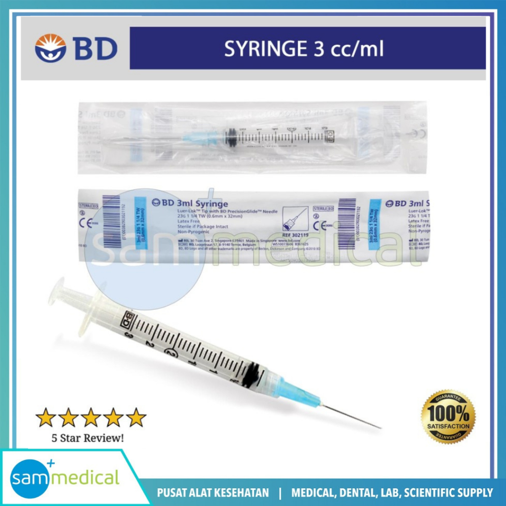 BD Disposable Syringe + Needle 3cc (PER 10 PCS) / Spuit + Jarum 3 ml / Suntikan 3 cc