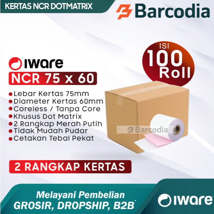 

BARCODIA Kertas Rangkap 2 Ply 75x60 mm (1 Dus isi 100 Roll)