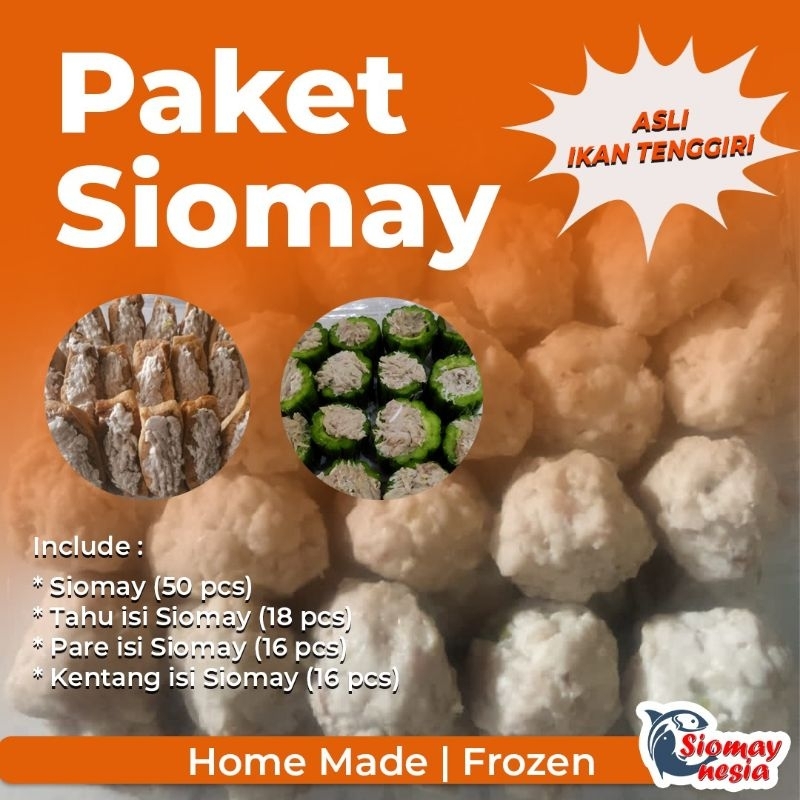 

Paket lengkap Siomay 50 pcs,Tahu isi siomay 18 pcs, Pare isi siomay 16 pcs, Kentang 16 pcs+Bumbu kacang