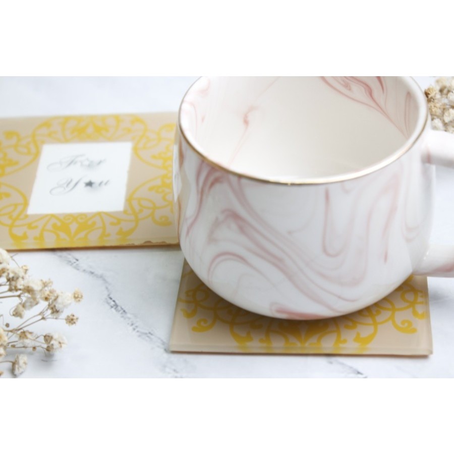 Tatakan Gelas Kaca Isi 2 / Coaster Gold Wedding Souvenir Murah Unik Tatakan Anti Panas / GLS-29